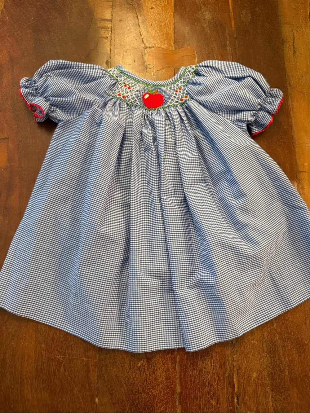 Smocked Blue Gingham Kids Casual Dress with Apple Motif